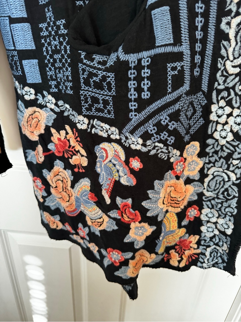 Johnny Was Black Draped Cardigan with Blue Geometric and Multicolor Floral Trim - Picture 6 of 11